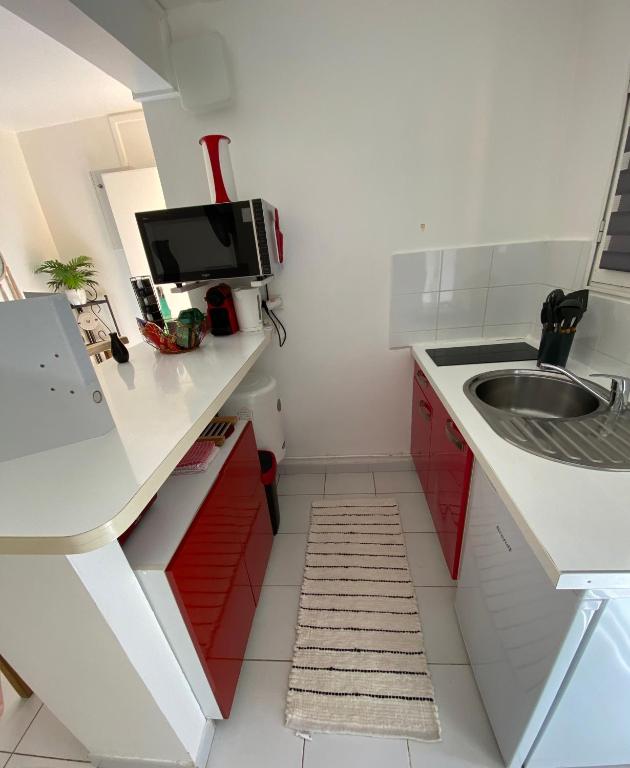Cucina o angolo cottura di Superbe studio de standing à 800m de la mer des Caraïbes le hameau de beauregard sainte anne