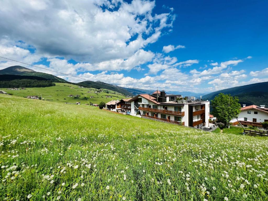 a green field with white flowers in front of a building at Hotel Kristall in Maranza