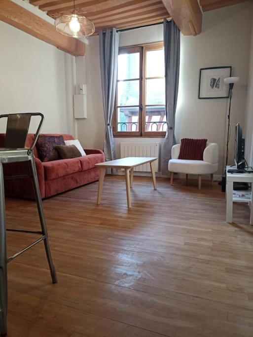 un salon avec un canapé rouge et une table dans l'établissement Ty Salang - Appartement Cosy et Calme - Centre Historique Rennes, à Rennes