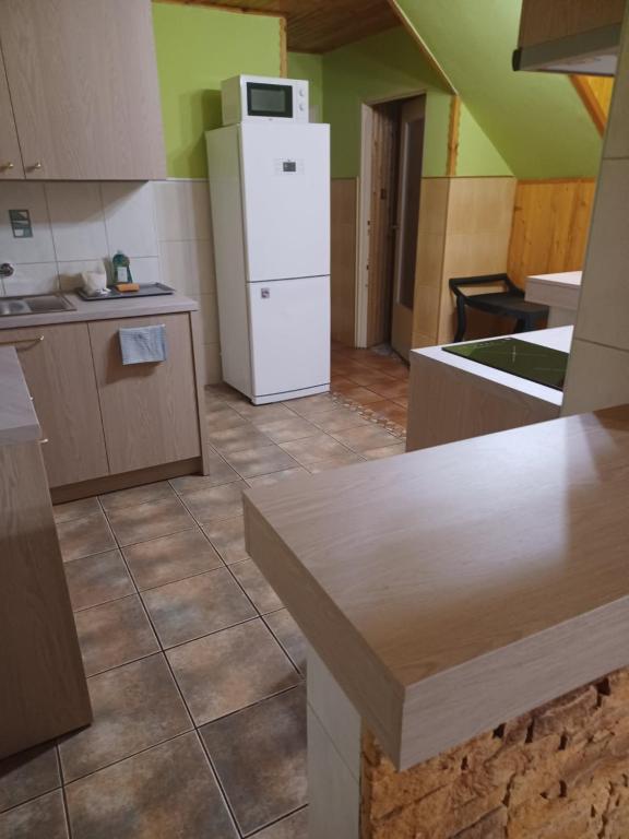 een keuken met een witte koelkast in de kamer bij Domek pod Sosnami nad jeziorem Głuszyńskim in Piotrków Kujawski