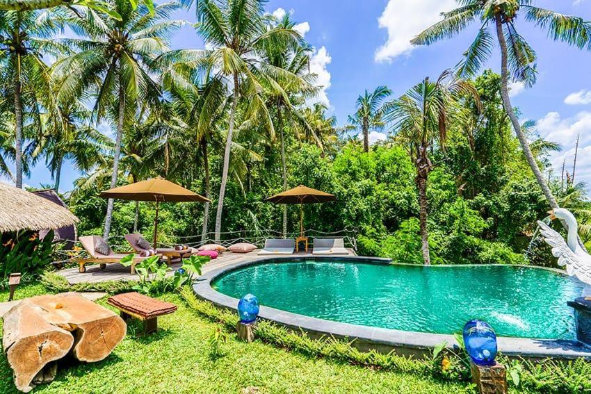 una piscina in un resort con palme di Swarma Villa Ubud Near Sacred Monkey Forest Sanctuary ad Ubud