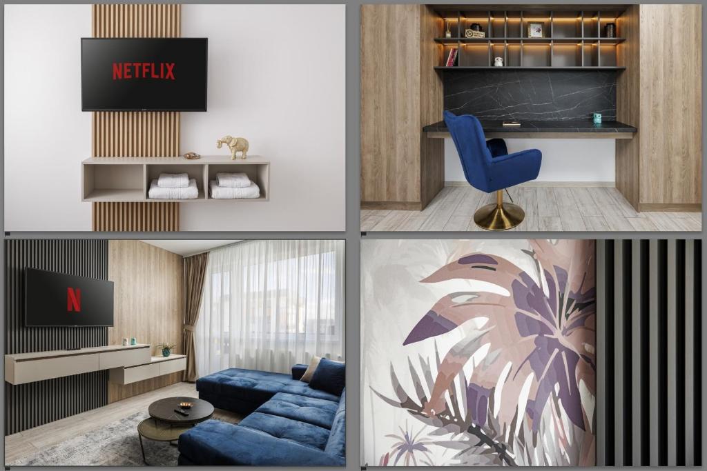un collage de cuatro fotos de una sala de estar en Special View Apartment, en Brasov