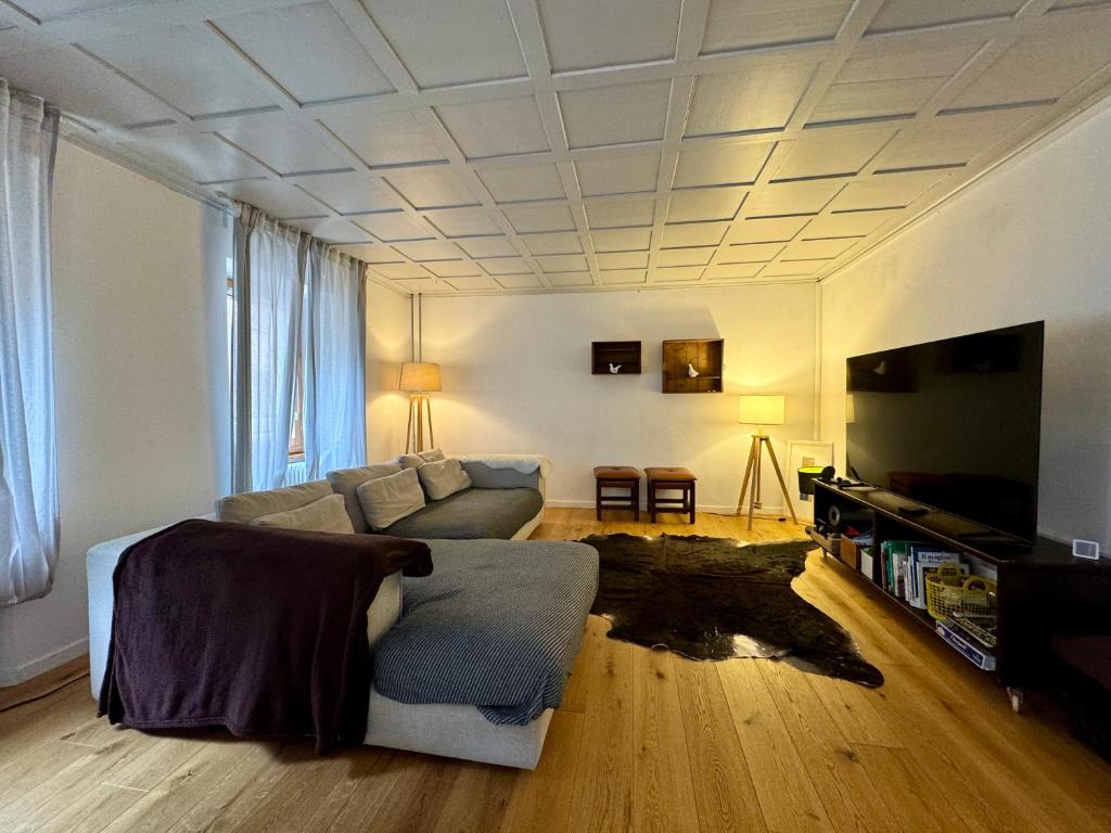 - un salon avec un canapé et une télévision dans l'établissement Michels Haus, à Piotta
