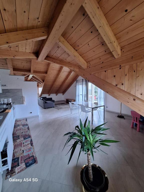 Habitación grande con techos de madera y maceta. en Casa Matilde, en Leinì