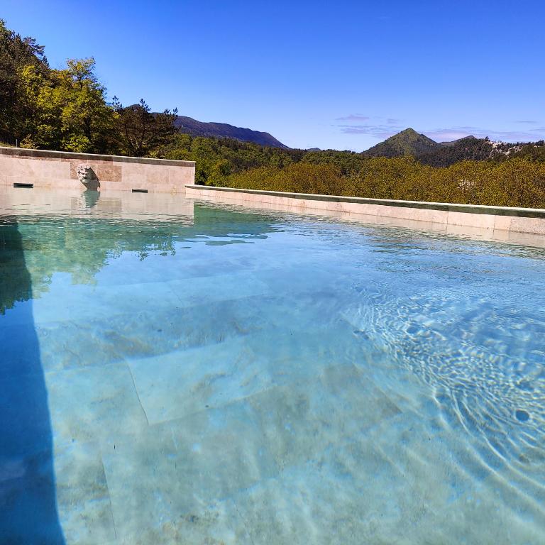 - une piscine d'eau bleue claire dans l'établissement Le Mas d'Antonine, à Les Pilles