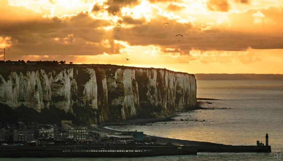 une vue d'une falaise avec une ville et l'océan dans l'établissement Le cœur Valericain 3, à Saint-Valery-sur-Somme