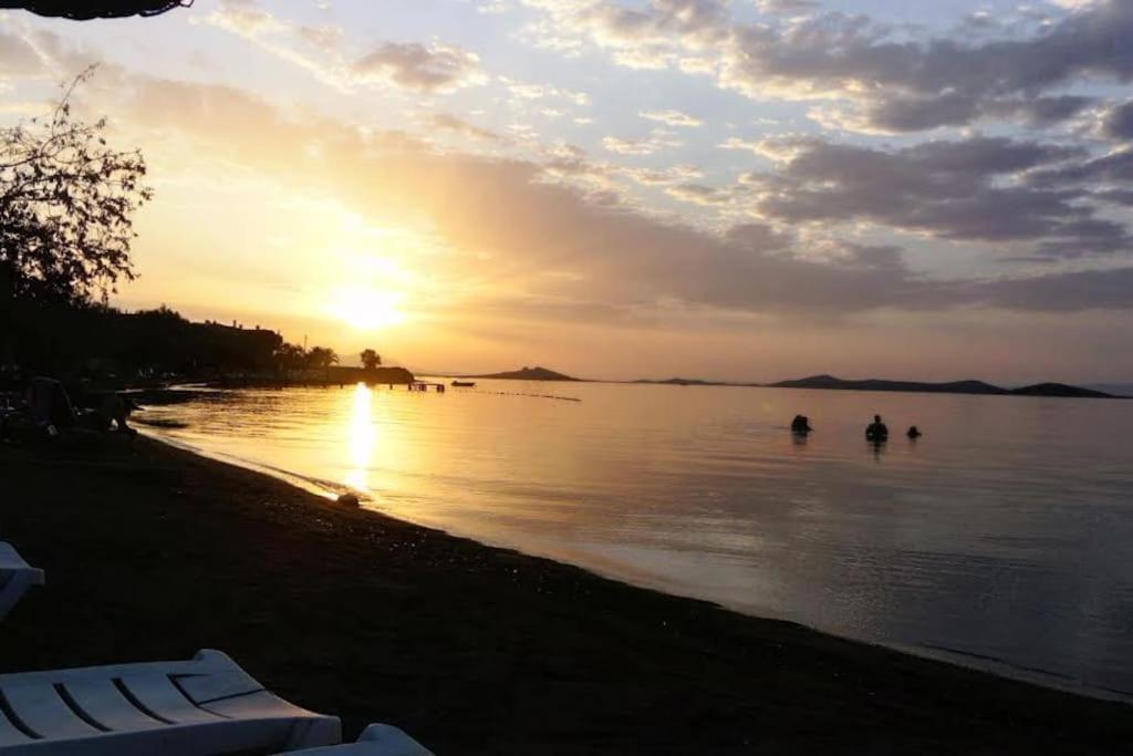 dwoje ludzi pływających w wodzie o zachodzie słońca w obiekcie Plaja 100m, bahçe katı, 1+1 daire. w mieście Ayvalık