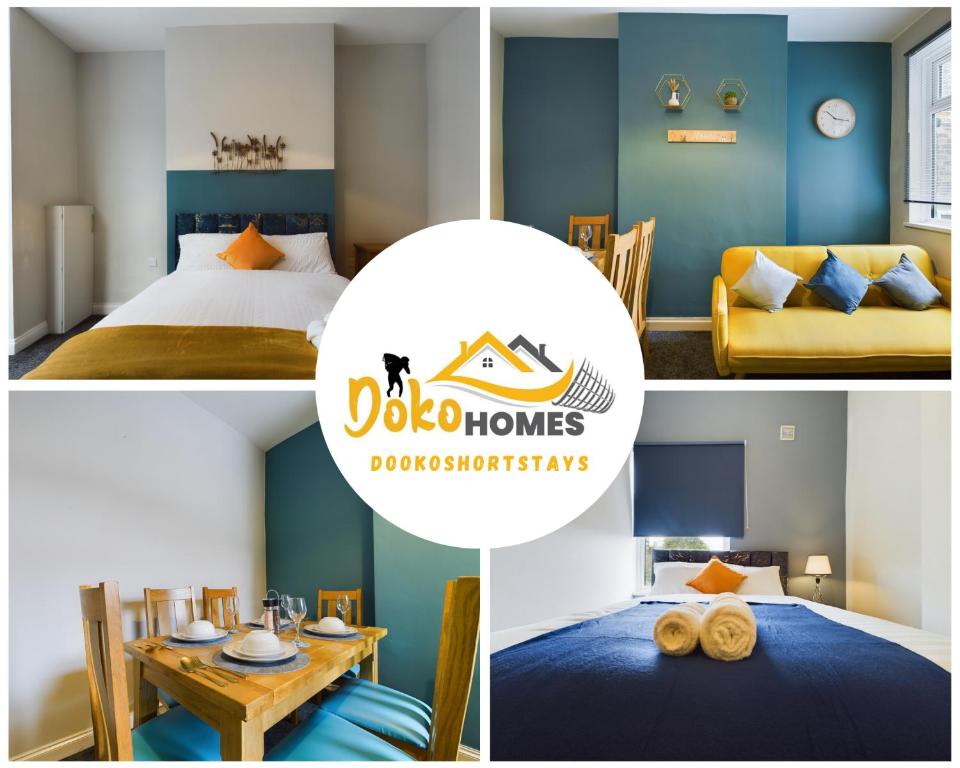 een collage van foto's van een kamer met een bed en een tafel bij Stoke On Trent - City Centre, Ideal for contractors, families, and business travelers By Doko Homes in Stoke on Trent