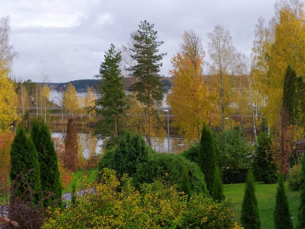 vista su un giardino con alberi e laghetto di Saimaa view house a Lappeenranta