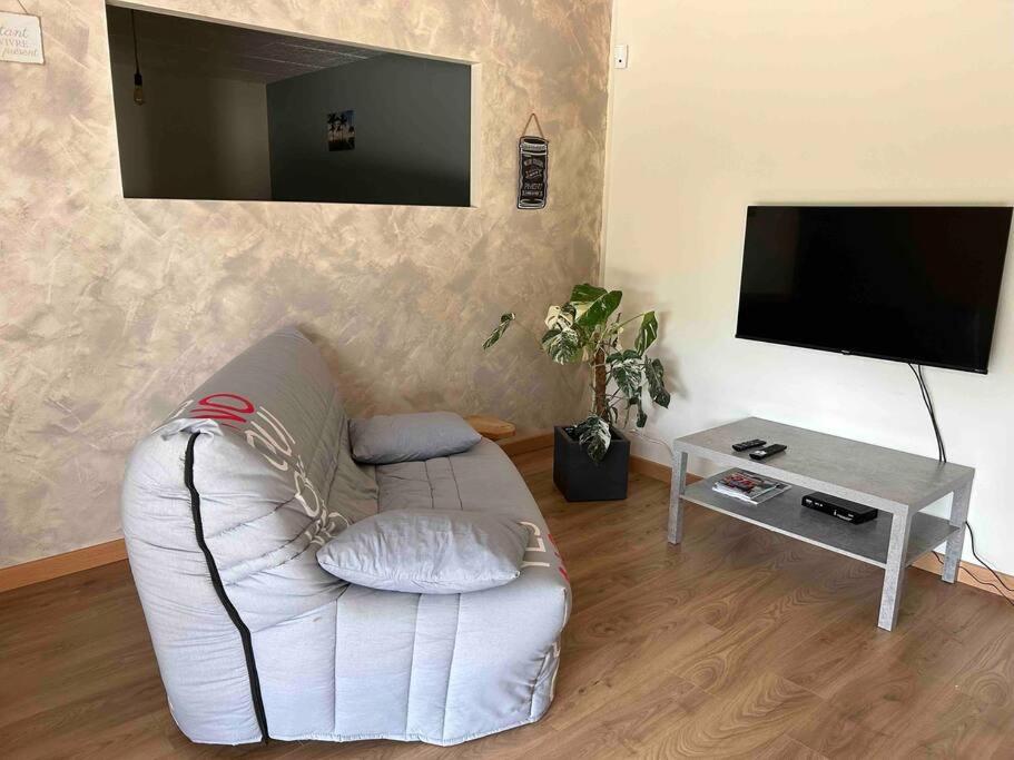 un canapé blanc dans un salon avec une télévision dans l'établissement Au cœur des bois, à Saint-Germain-du-Salembre