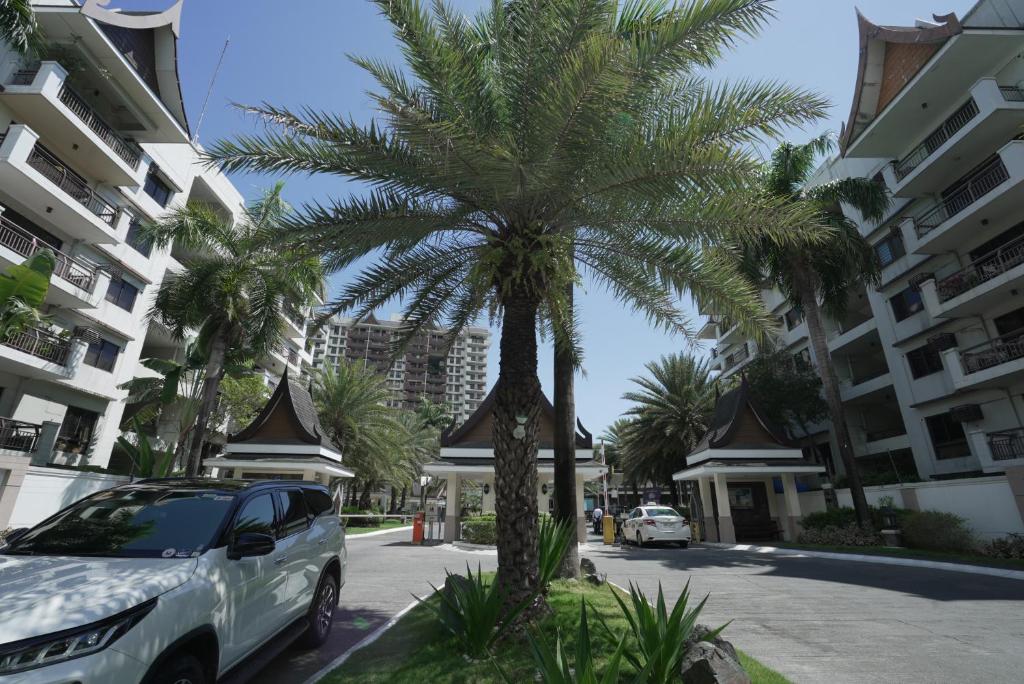 a car parked next to a palm tree in a street at KAMALA 503 ACACIA ESTATE TAGUIG CITY in Manila