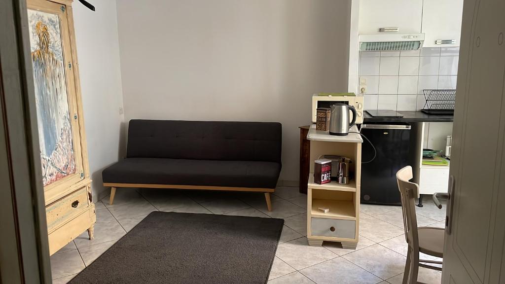 ein Wohnzimmer mit einem schwarzen Sofa und einer Küche in der Unterkunft Studio in the heart of historical house in Villeneuve-lès-Béziers