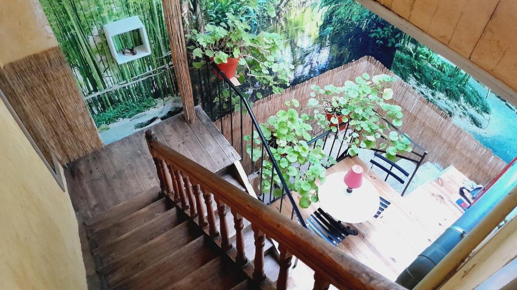 una vista aérea de una escalera con una mesa y plantas en Grande maison en Aubrac, en Chaudes-Aigues