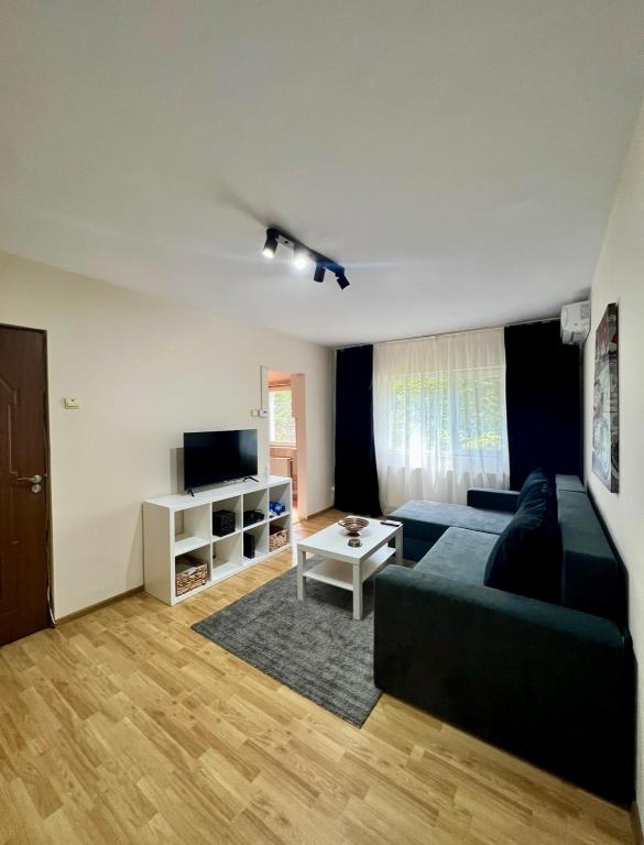 a living room with a couch and a television at Cozy studio flat in Giurgiu