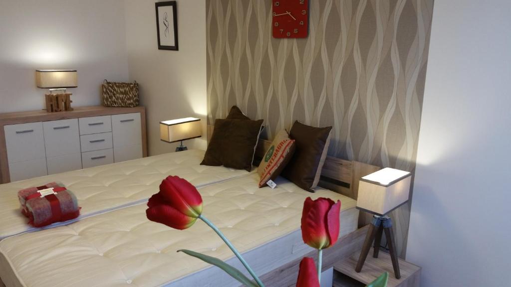 a bedroom with a bed with red flowers on it at Apartment in the Heart of Ostrava in Moravská Ostrava