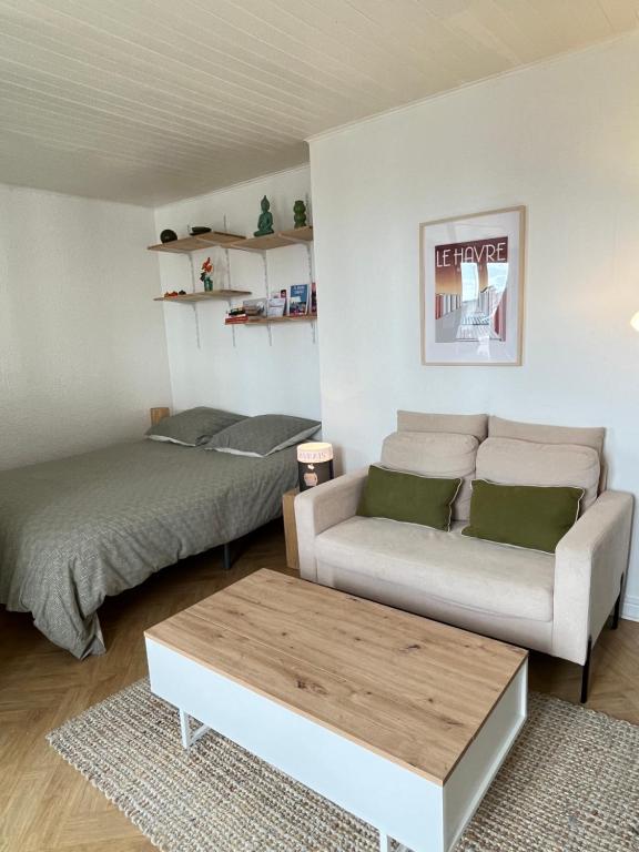 a living room with a couch and a coffee table at Lovely plage - St François - Mer in Le Havre