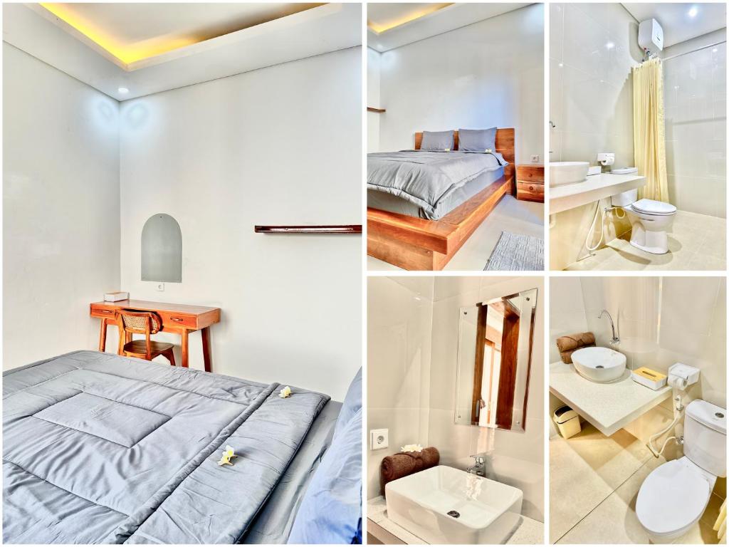 a collage of four pictures of a bedroom at Kailash Villa Balangan in Jimbaran