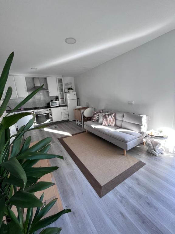 sala de estar con sofá y cocina en Apartamento cerca aeropuerto en Pontevedra