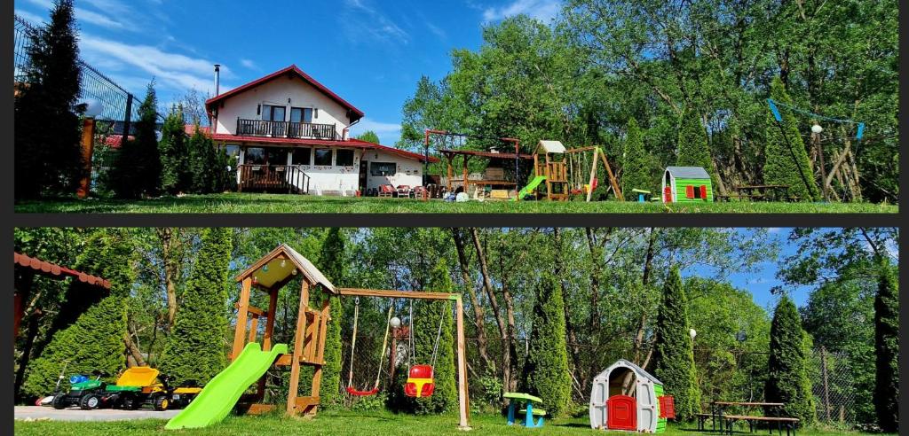 dos fotos de una casa y un patio de juegos en Casa langa rau, en Bran