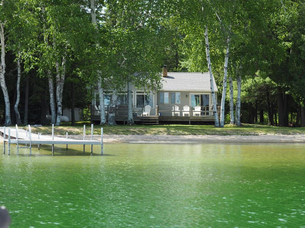 een huis met een dok in het midden van een meer bij New! Birch Cove Bungalow - Gorgeous Lakefront! in Honor