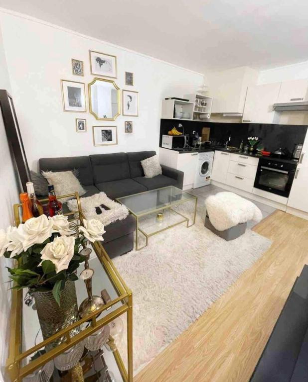 un salon avec un canapé et une cuisine dans l'établissement Charmant et cozy au centre de Paris Montmartre, à Paris