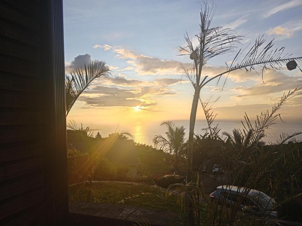 un coucher de soleil à travers une fenêtre avec un palmier dans l'établissement Bungalow de luxe en bois avec Spa, à La Possession