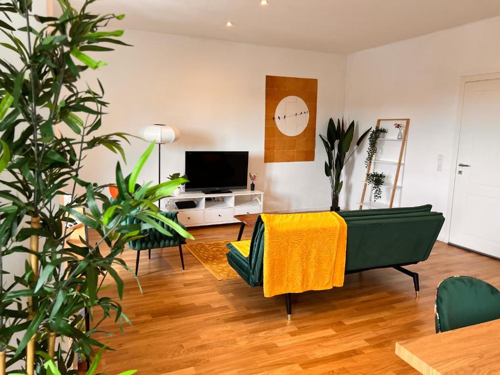 a living room with a couch and a television at Stadtmitte I Große Ferienwohnung I Parkplatz kostenlos in Rastatt