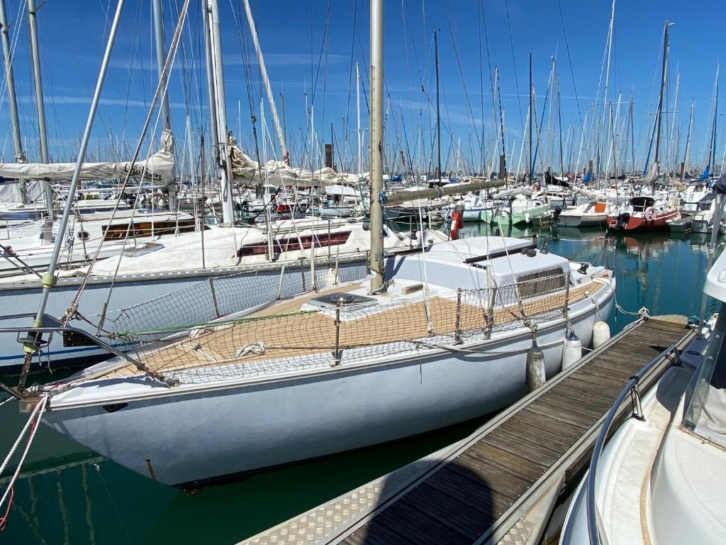 a group of boats docked in a harbor at Nuit insolite dans un petit voilier in La Rochelle