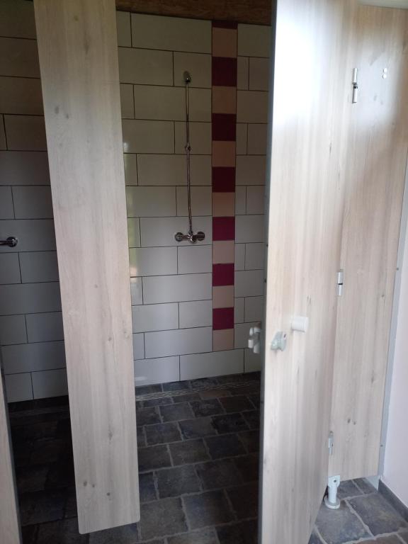 a bathroom with two wooden doors in a room at Tiny House et yourte sous les Poiriers in Domfront