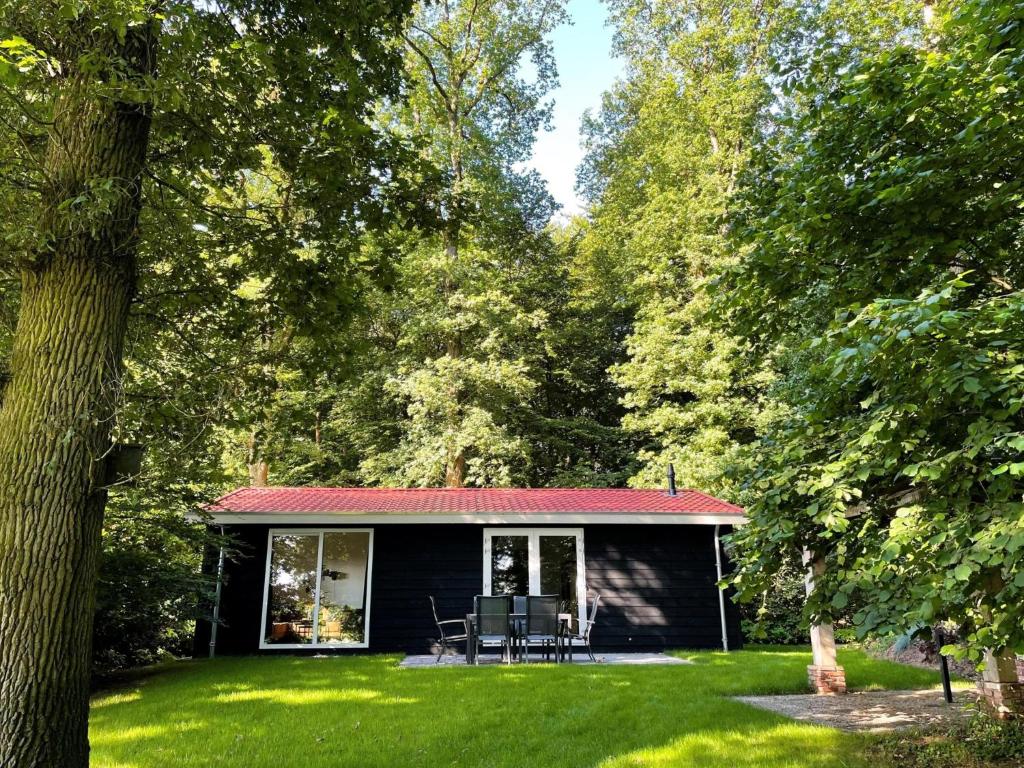 ein schwarzes Cottage mit rotem Dach im Hof in der Unterkunft De Hooischuur in Hellendoorn