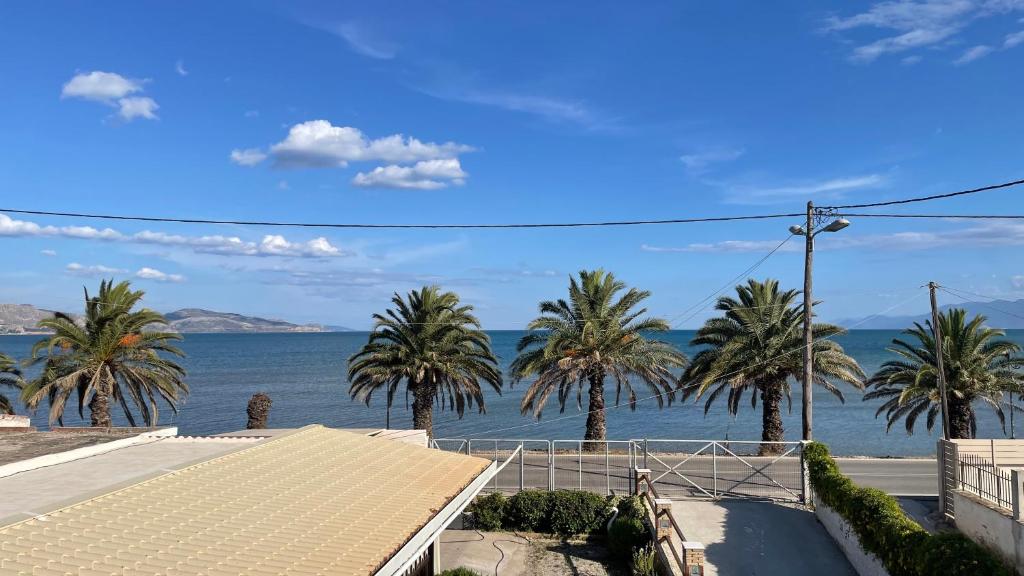 uma vista para o oceano e palmeiras em Blue Mind House em Néa Kíos