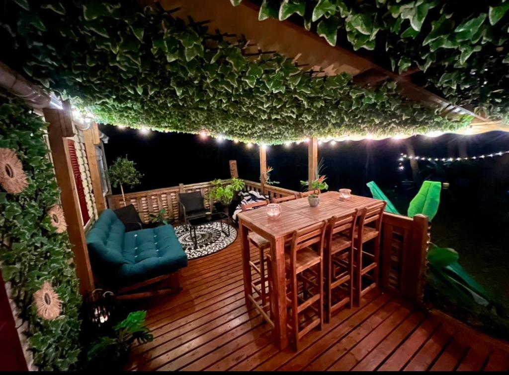 une terrasse en bois avec une table et des chaises vertes dans l'établissement Tiki House M-Home-Climatisé - Belle parcelle !, à Saint-Chéron