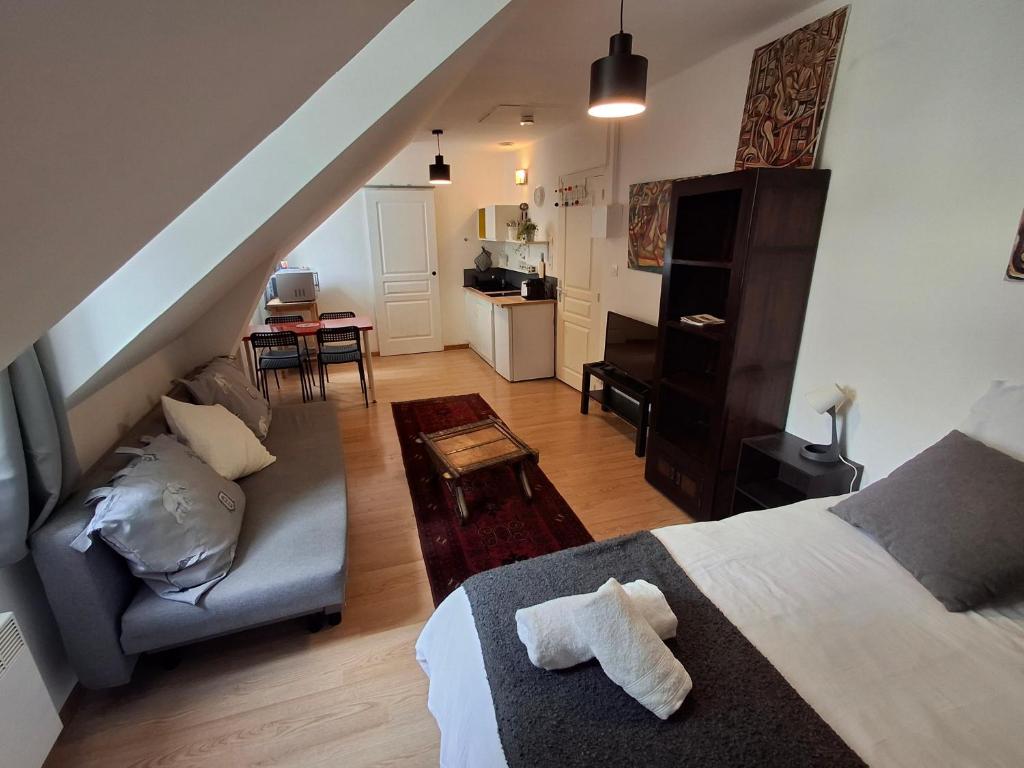 une chambre avec un lit et un salon dans l'établissement Les studios d'Eric N6, à Tours