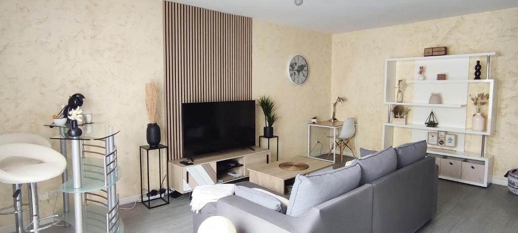 a living room with a couch and a flat screen tv at Le Cosy Appart - Balcon parking - Proche Eurexpo Stade in Saint-Priest