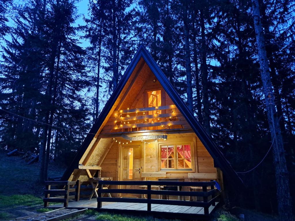 a tiny house in the woods at night at Vikendica Šumski Dragulj in Bajina Bašta