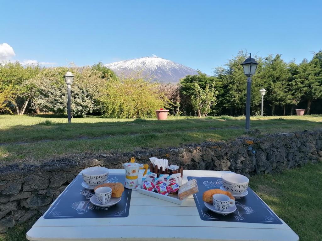 un tavolo da picnic con cibo e una montagna sullo sfondo di Nero Etna a Bronte