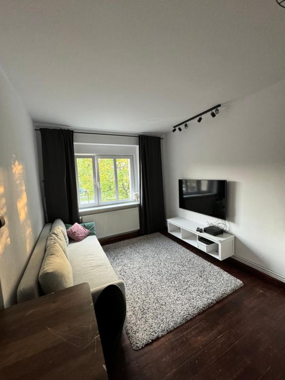 uma sala de estar com um sofá e uma televisão em Apartament Sopoth em Sopot