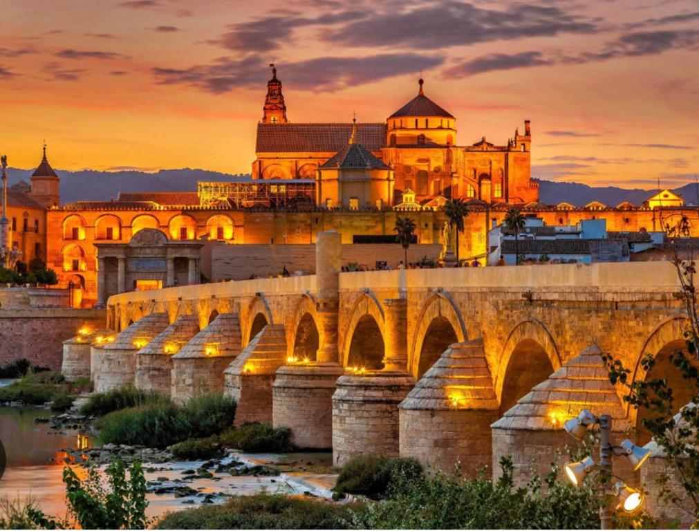 una ciudad con un puente y un castillo al atardecer en PATIO del REALEJO, en Córdoba