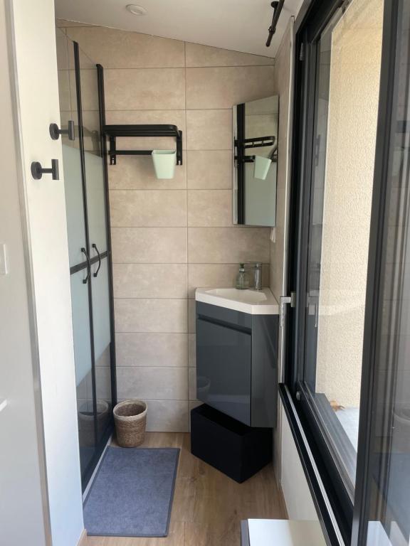 une petite salle de bain avec un lavabo et un miroir dans l'établissement Studio Vichy Marol, à Vichy