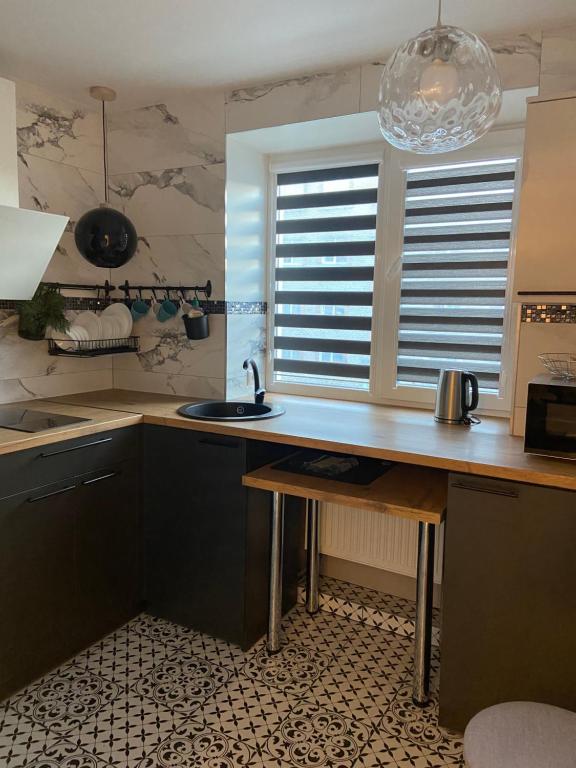 a kitchen with a counter with a sink and a window at Losiku apartamenti in Ventspils