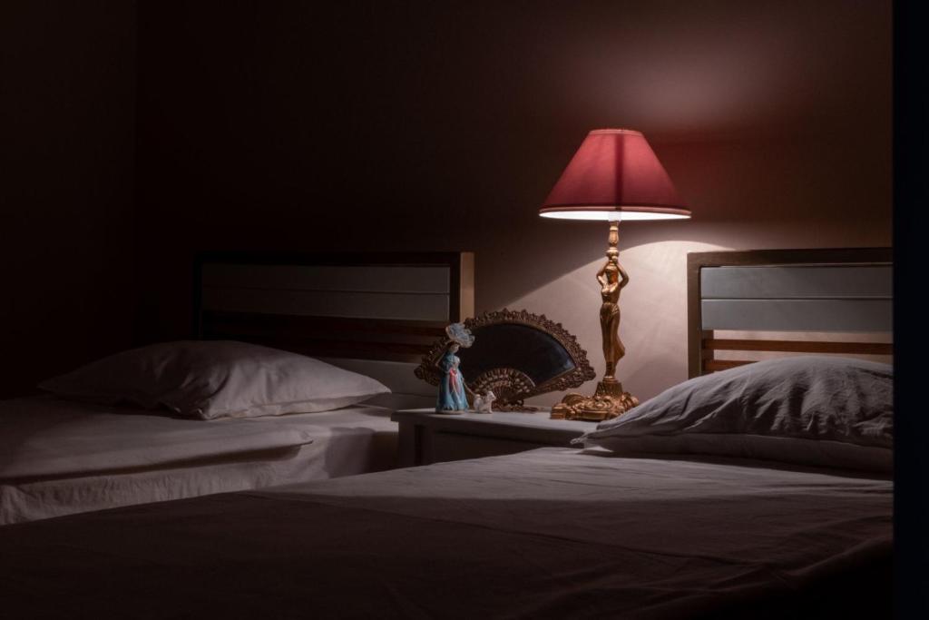 sypialnia z 2 łóżkami i lampką na stoliku nocnym w obiekcie Hotel Tsinandali Memories w mieście Tsinandali