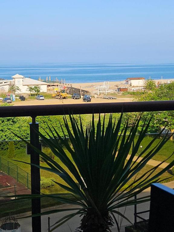 a view of the beach from a balcony with a plant at Infinity View Shkorpilovci in Shkorpilovtsi