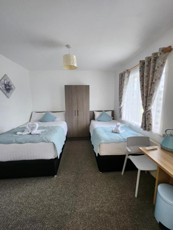 Habitación de hotel con 2 camas y escritorio en Cozy Room,Private Bathroom,Private Kitchynete, en Dublín