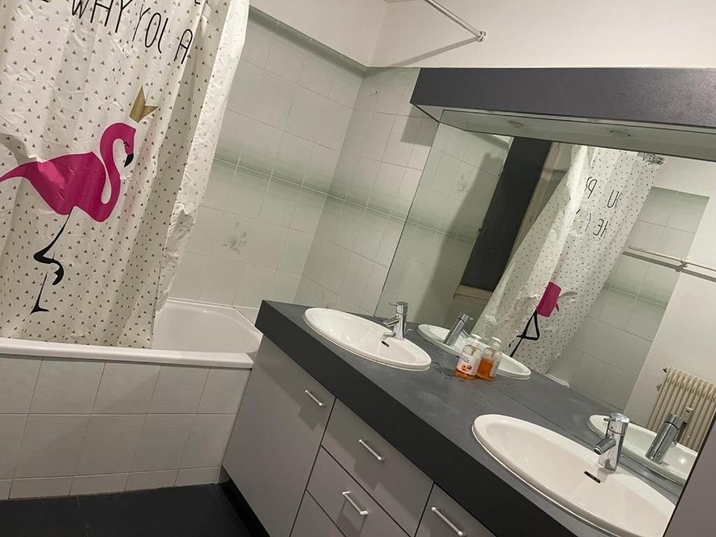 ein Badezimmer mit zwei Waschbecken, einer Badewanne und einem Spiegel in der Unterkunft Chand Mama in Chambéry
