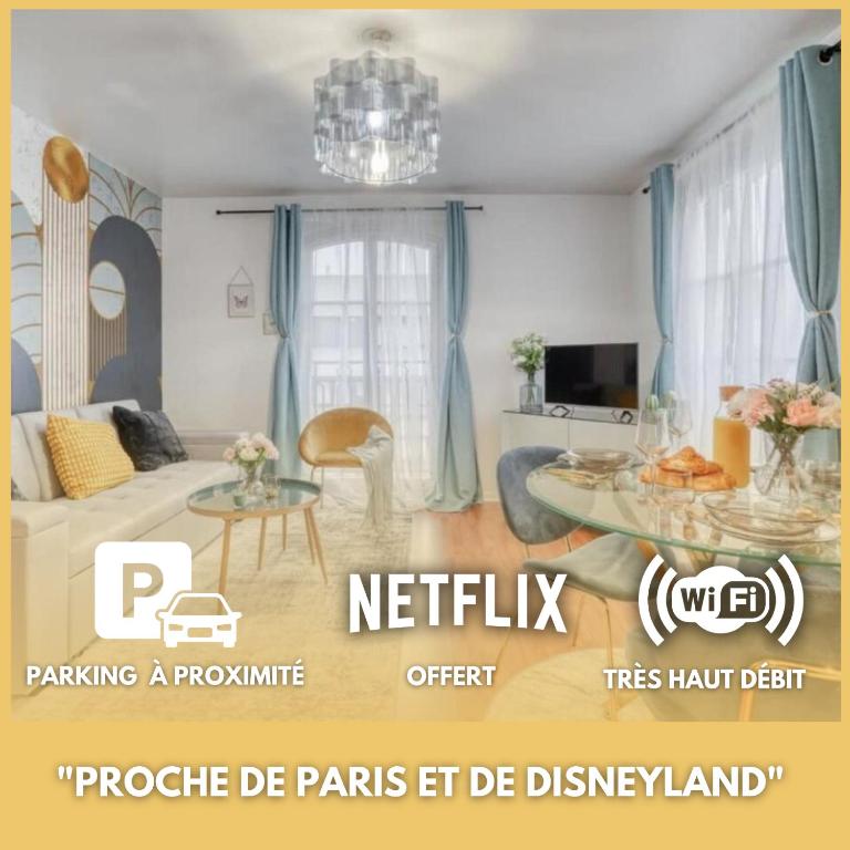 un salon avec un canapé et une table dans l'établissement L'Elégant Chic-T2-Paris-Disneyland JO Paris 2024, à Noisy-le-Grand