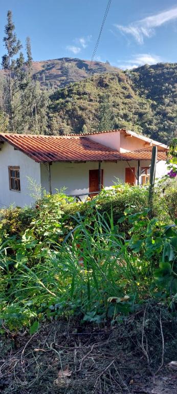 a small white house with a mountain in the background at Albergue Las Abejitas in Chancos