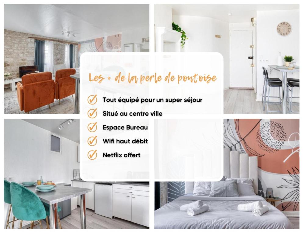 un collage d'images d'une chambre avec un lit et une table dans l'établissement La Perle de Pontoise - studio proche Paris, à Pontoise