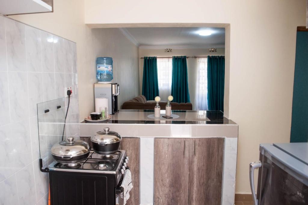 a kitchen with two pots and pans on a stove at Fully Furnished 2BR Eclectic Homestay near UOE in Eldoret