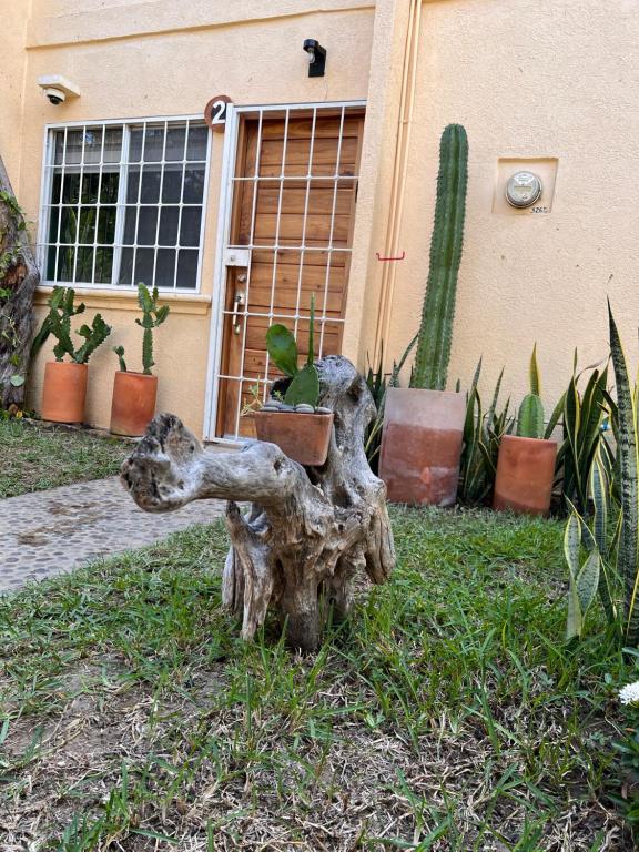 uma estátua de um toco de árvore em frente a uma casa em Sweet home Ixtapa comfort em Ixtapa