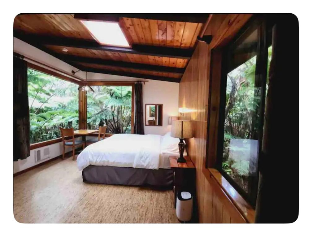Schlafzimmer mit einem Bett, einem Tisch und einem Fenster in der Unterkunft The Pacifica Inn in Volcano